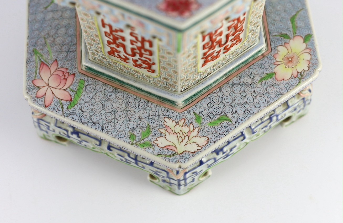 A Chinese enamelled porcelain hexagonal jardiniere, Qianlong period (1736-95), 17.5cm high, 23.5cm wide